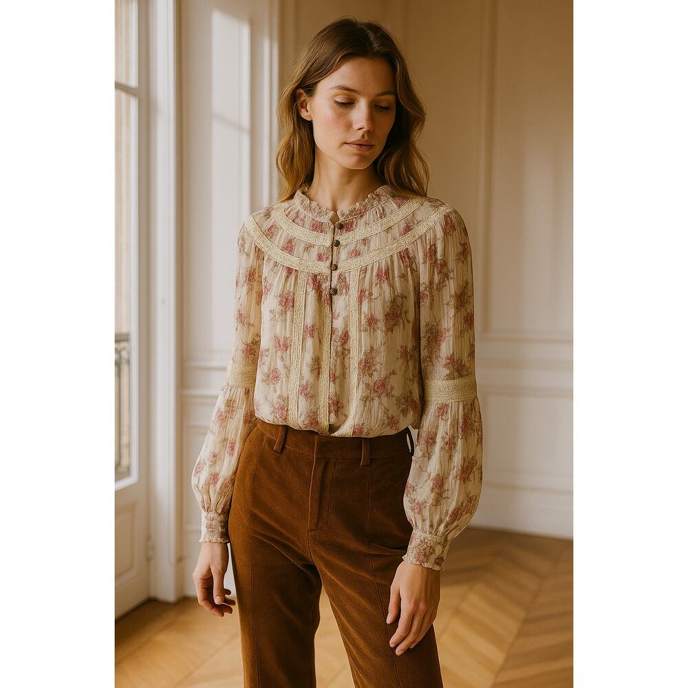 Anthropologie Boho Blouse tiny‎ floral crinkle chiffon lace trim poet sleeve S - Picture 2 of 14